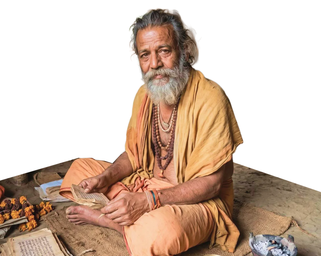 A Himalayan yogi in saffron robes and a rudraksha mala, in his mud hut