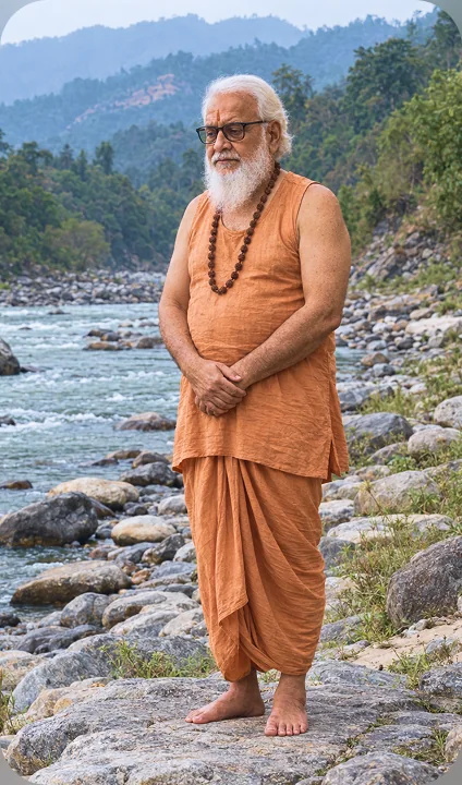 Swami Mihirananda Giri, গেরুয়া বসন আর রুদ্রাক্ষের মালা পরা সাদা দাড়ির এক সাধু, হিমালয়ের এক নদীর ধারে পাথরের ওপর খালি পায়ে দাঁড়িয়ে